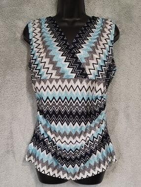 Ann Taylor Sleeveless V-Neck Zigzag Knit Tank - Blue/Black/White